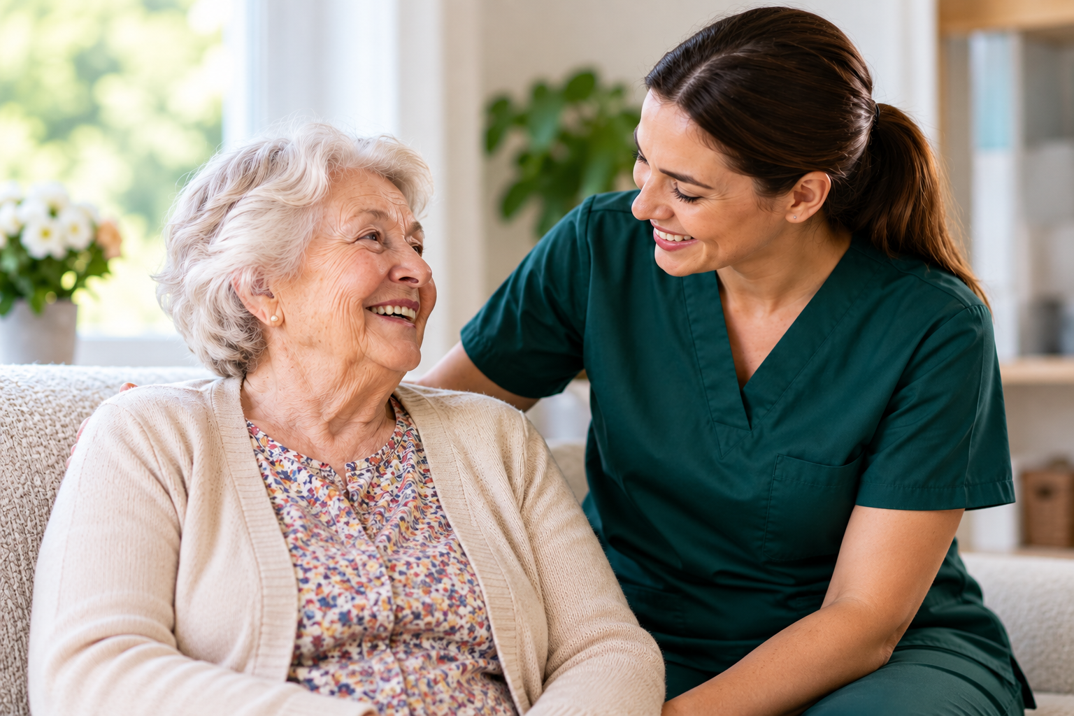 An older woman smiling with her private carer
