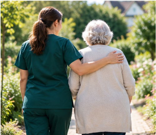 A private carer walking with an older person in a garden